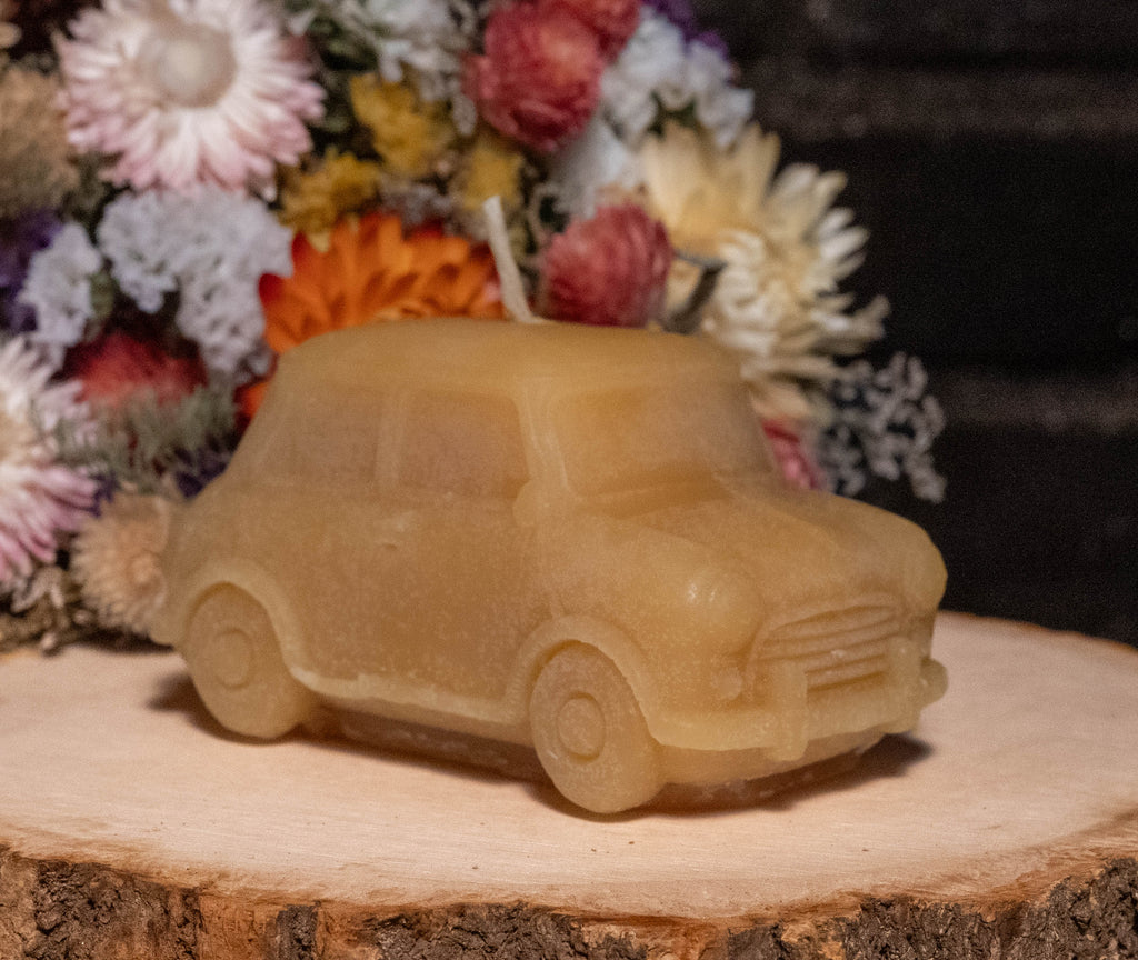 Classic Mini Car Beeswax Candle: Hand-Poured Vintage British Auto Decor